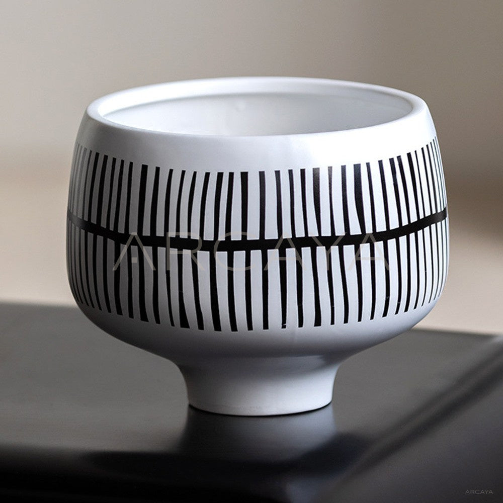 Hand Painted Black White Stripe Ceramic Vase - main