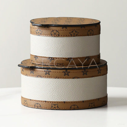 Vintage Two Tone Leather Round Storage Box - main