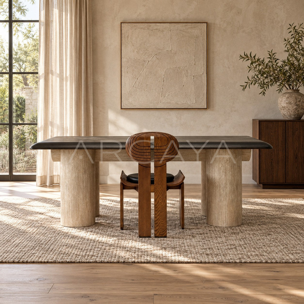 Custom Travertine Wood Dining Table in detail