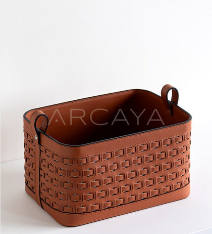 Handwoven Leather Storage Basket With Handles - scene