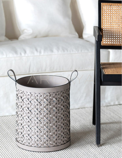 Vintage Handwoven Leather Laundry Hamper - scene