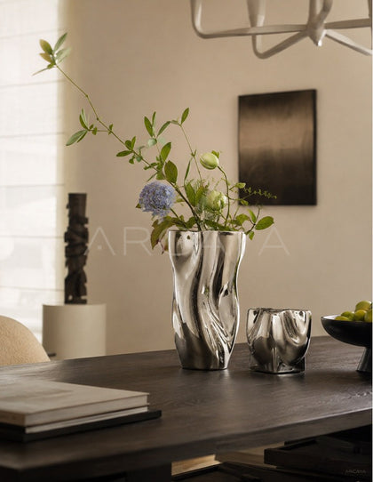Twisted Pleated Silver Plated Ceramic Vase - scene
