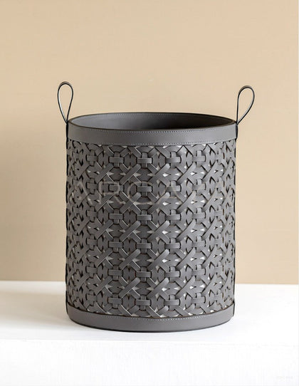 Vintage Handwoven Leather Laundry Hamper - scene