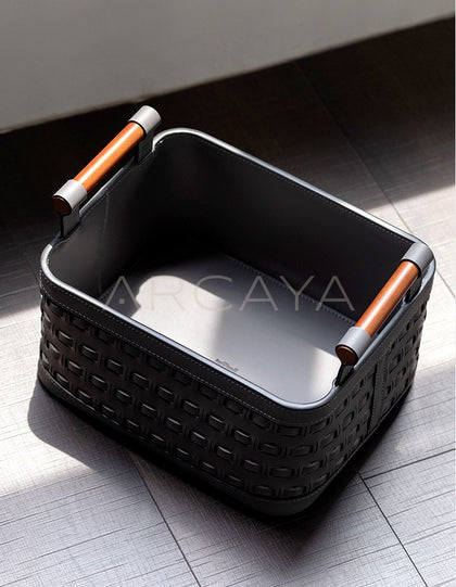 Handwoven Leather Wardrobe Basket Wood Handles - scene