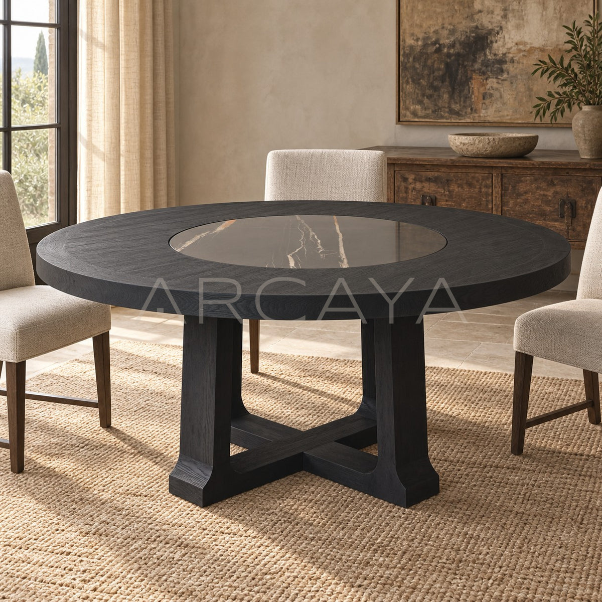 Oak Matte Black Brushed Round Table Lazy Susan in detail