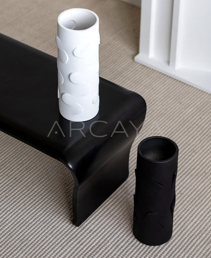 Vintage Black White Relief Cylinder Ceramic Vase - scene