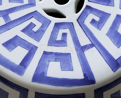 Blue White Fretwork Hand Painted Ceramic Drum Stool - scene