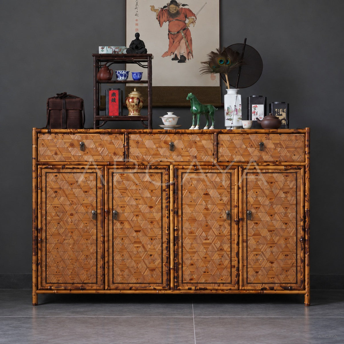 Four Door Triangle Marquetry Bamboo Sideboard - main