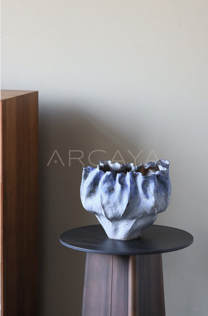 Hand Pinched Pleated Blue Grey Stoneware Vase - scene