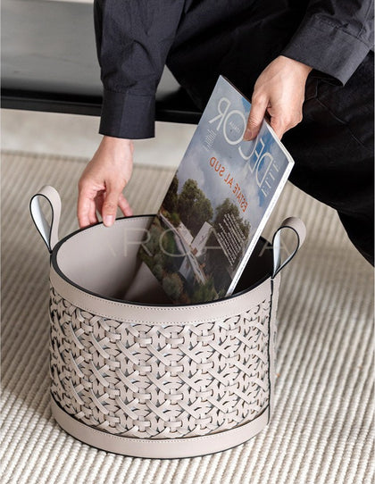 Handwoven Leather Magazine Basket - scene