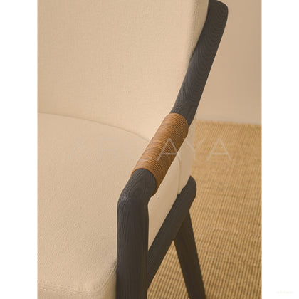 Old Money Oak Dining Chair Woven Leather Arms - scene