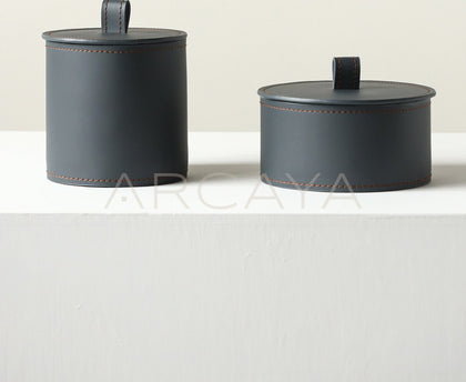 Dark Grey Leather Lidded Storage Jar - scene
