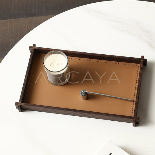 Solid Wood Dark Brown Leather Aroma Tray - main
