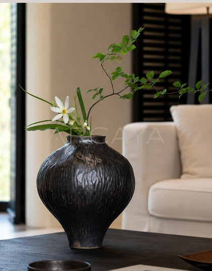 Vintage Dark Brown Hammered Narrow Neck Vase - scene