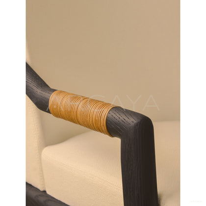 Old Money Oak Dining Chair Woven Leather Arms - scene