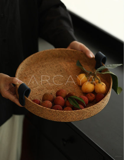 Natural Cork Woven Round Tray With Handle - scene