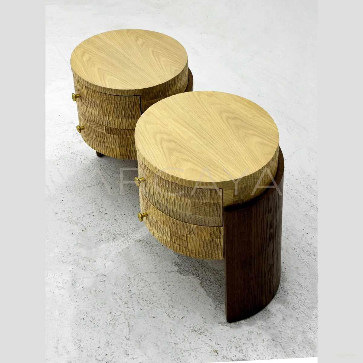 Round Two Tone Wood Nightstand in detail
