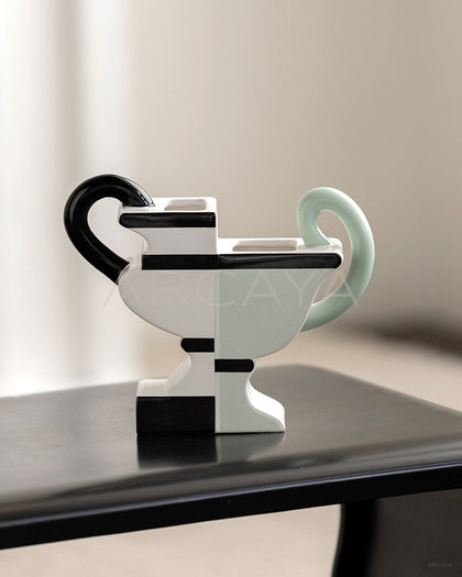 Double Ear Two Tone Geometric Ceramic Vase - scene