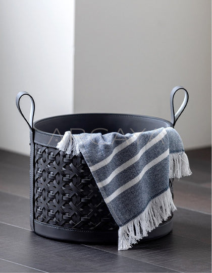 Handwoven Leather Magazine Basket - scene