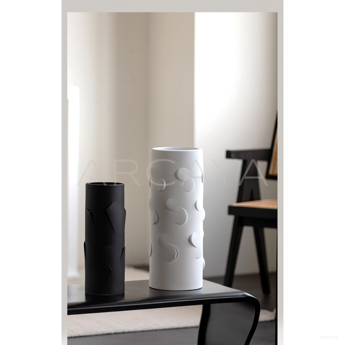 Vintage Black White Relief Cylinder Ceramic Vase in detail