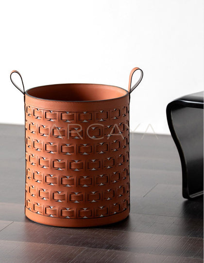 Handwoven Leather Laundry Basket With Handles - scene