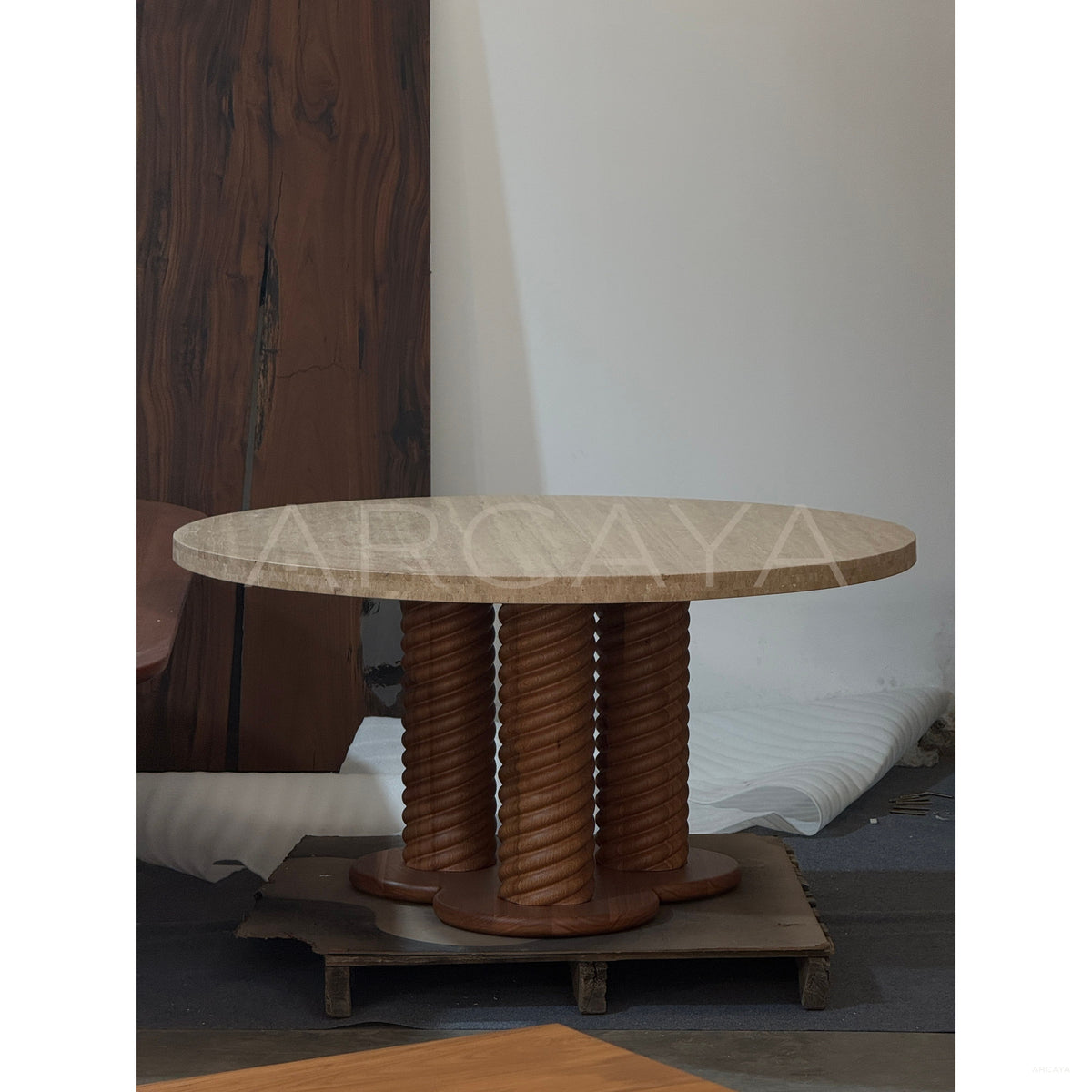 Mid Century Travertine Round Table Wood Legs in detail