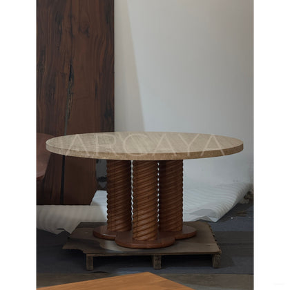 Mid Century Travertine Round Table Wood Legs - scene