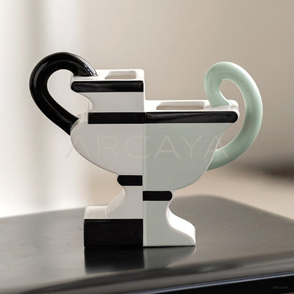 Double Ear Two Tone Geometric Ceramic Vase - main