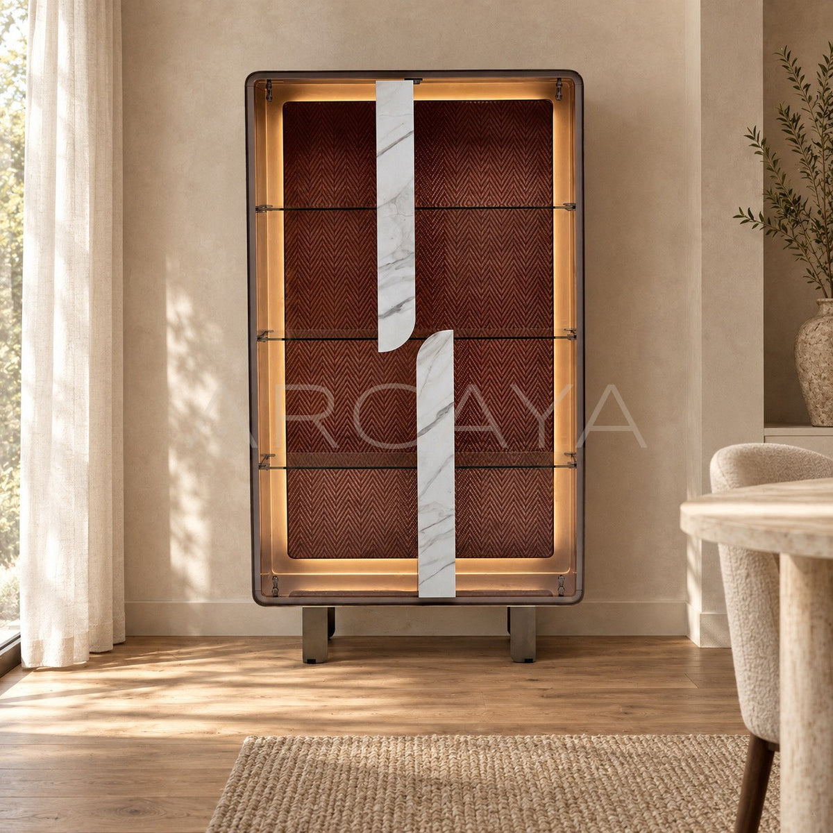 Curved Glass Lighted Display Cabinet in detail