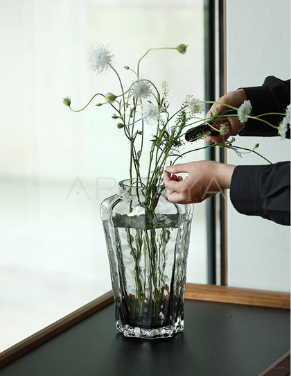 Smoked Grey Ribbed Glass Vase - scene