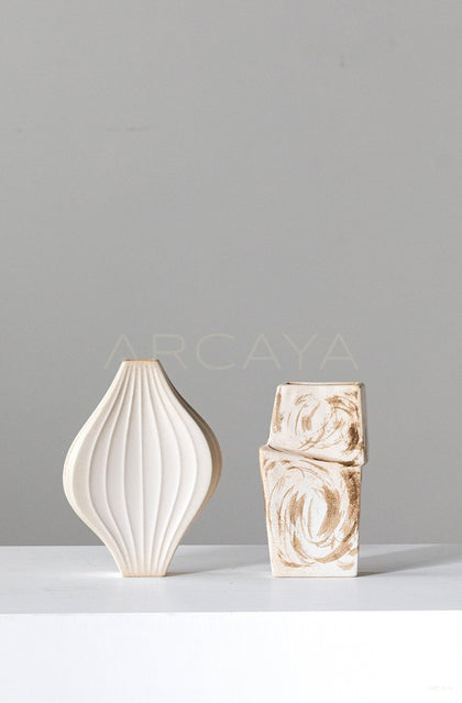 Handmade Ribbed Plain White Ceramic Vase - scene