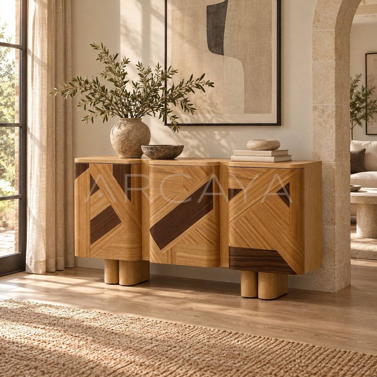 Geometric Marquetry Veneer Entryway Cabinet in detail