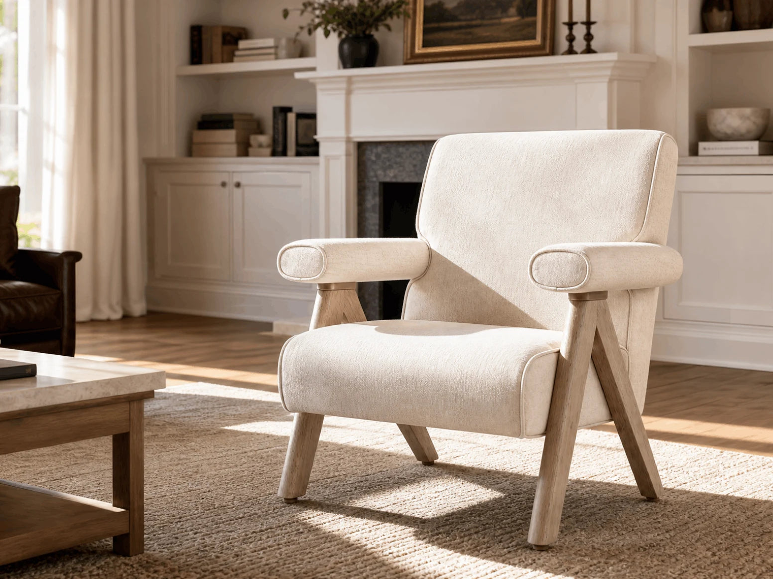 Fabric lounge chair in a styled room