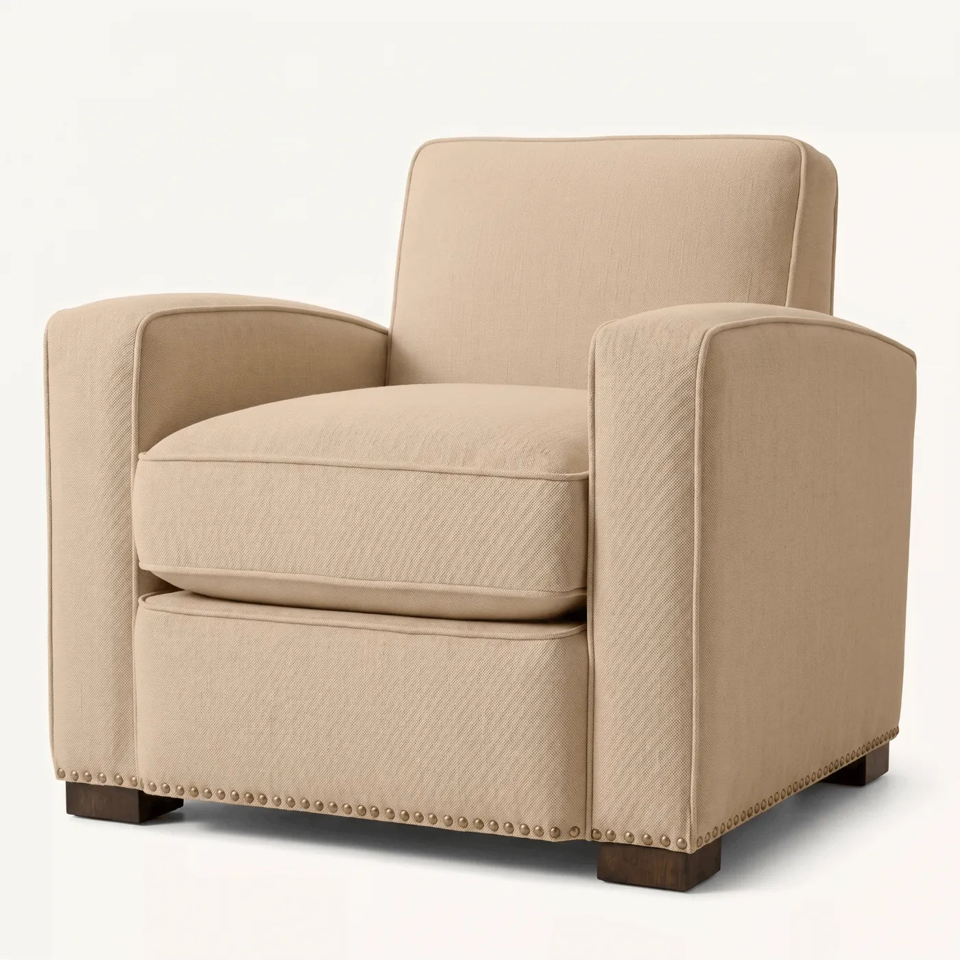 Curved fabric armchair with wood base