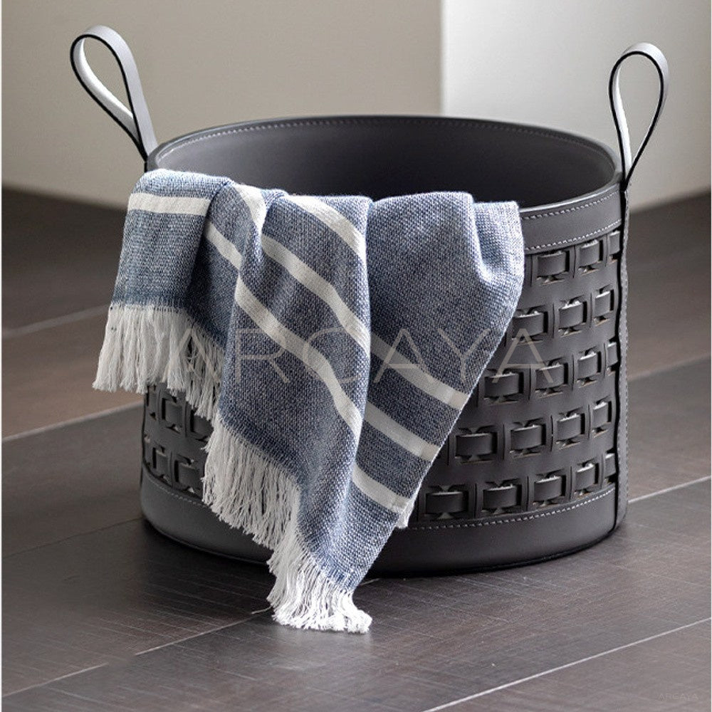 Handwoven Leather Storage Bucket With Handle - main