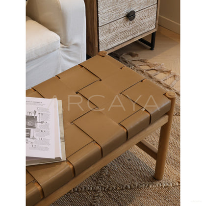 Minimalist Leather Teak Bench - scene