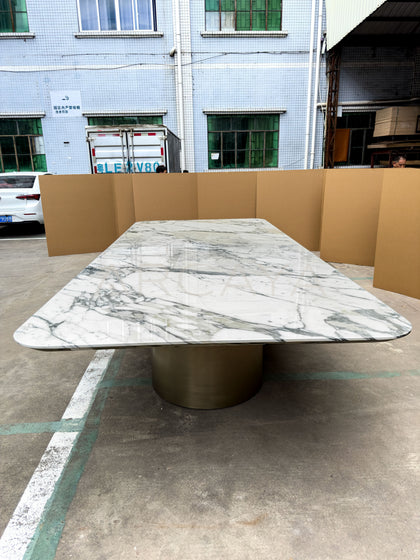Natural Stone Top Metal Base Dining Table - scene