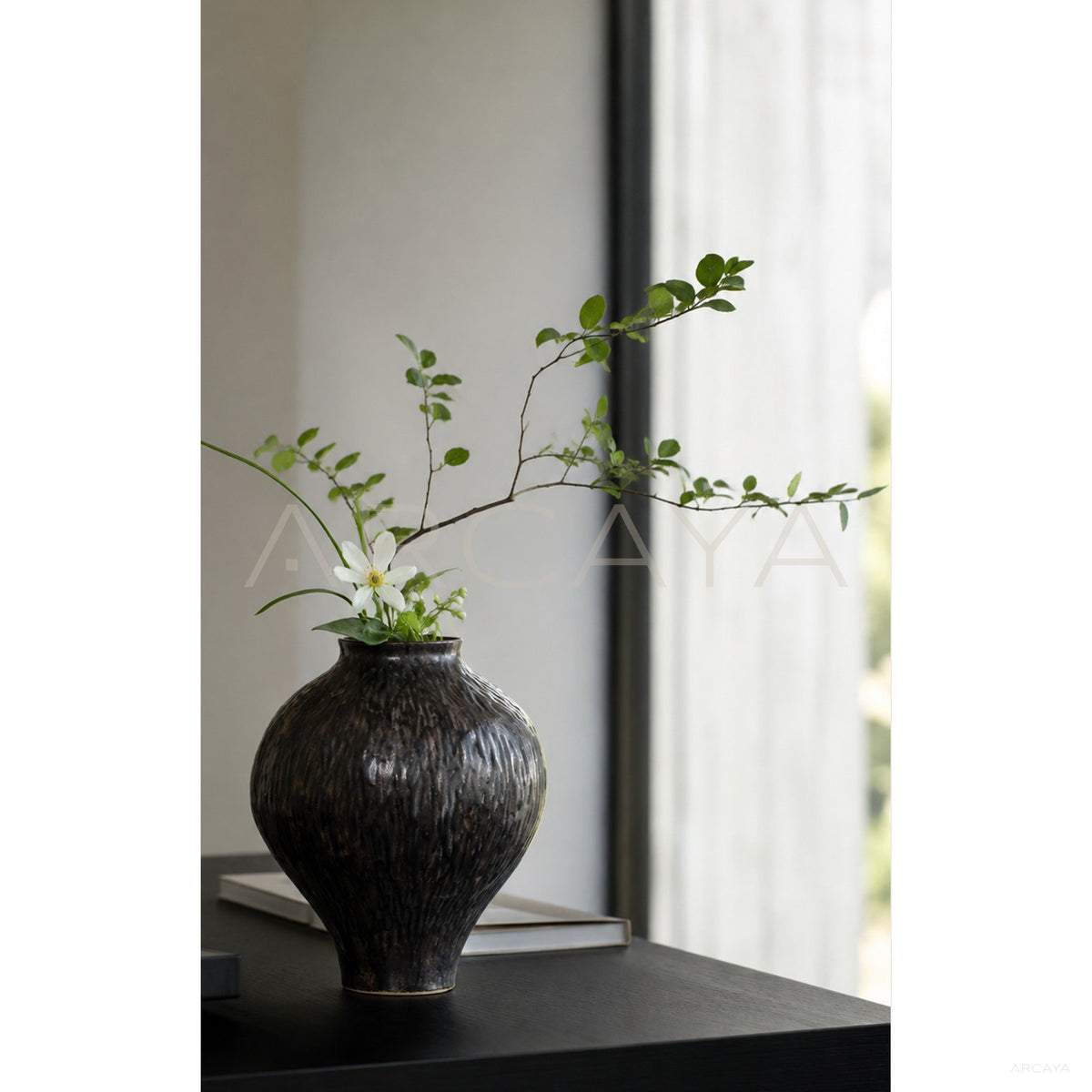 Vintage Dark Brown Hammered Narrow Neck Vase in detail