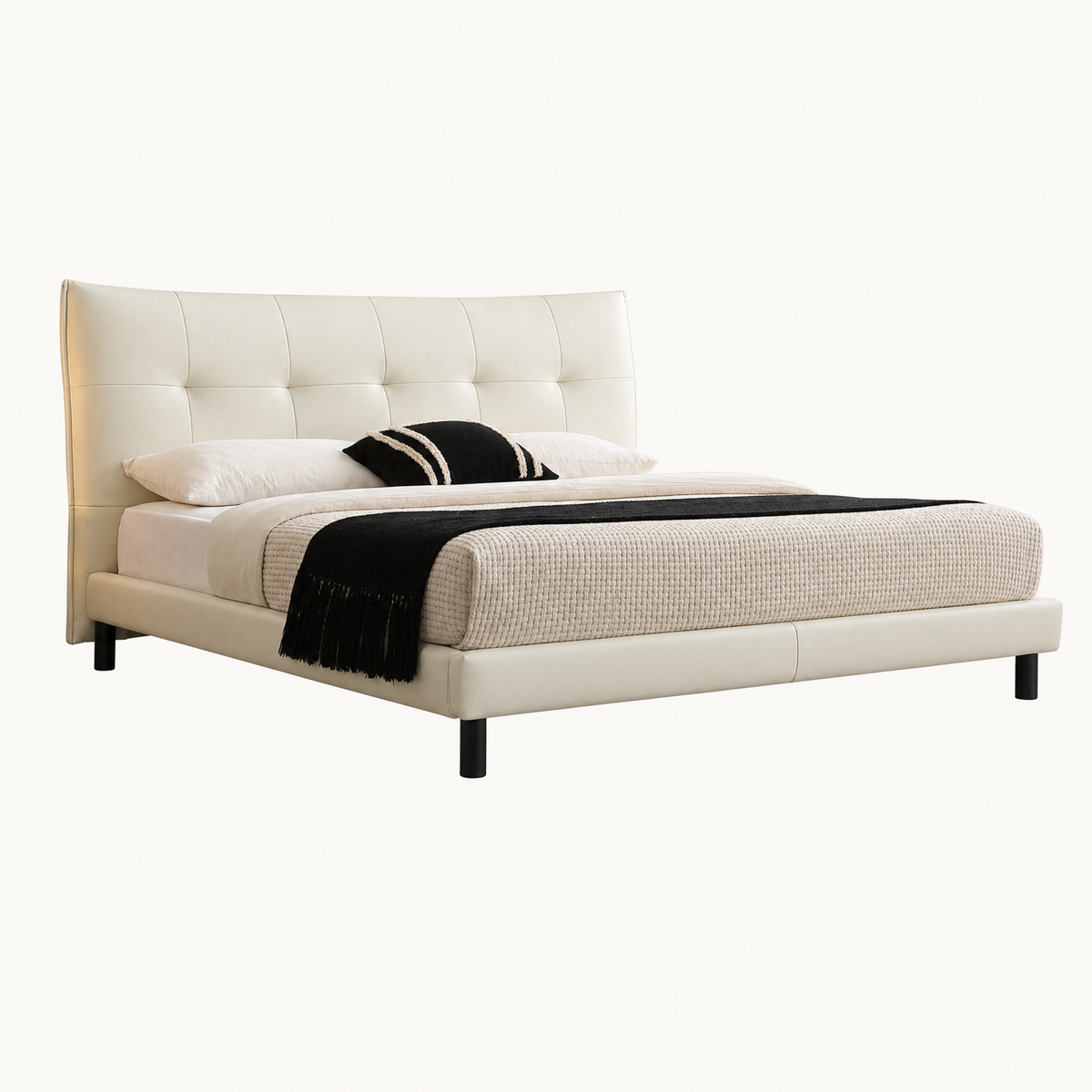 White Tufted Leather Low Bed