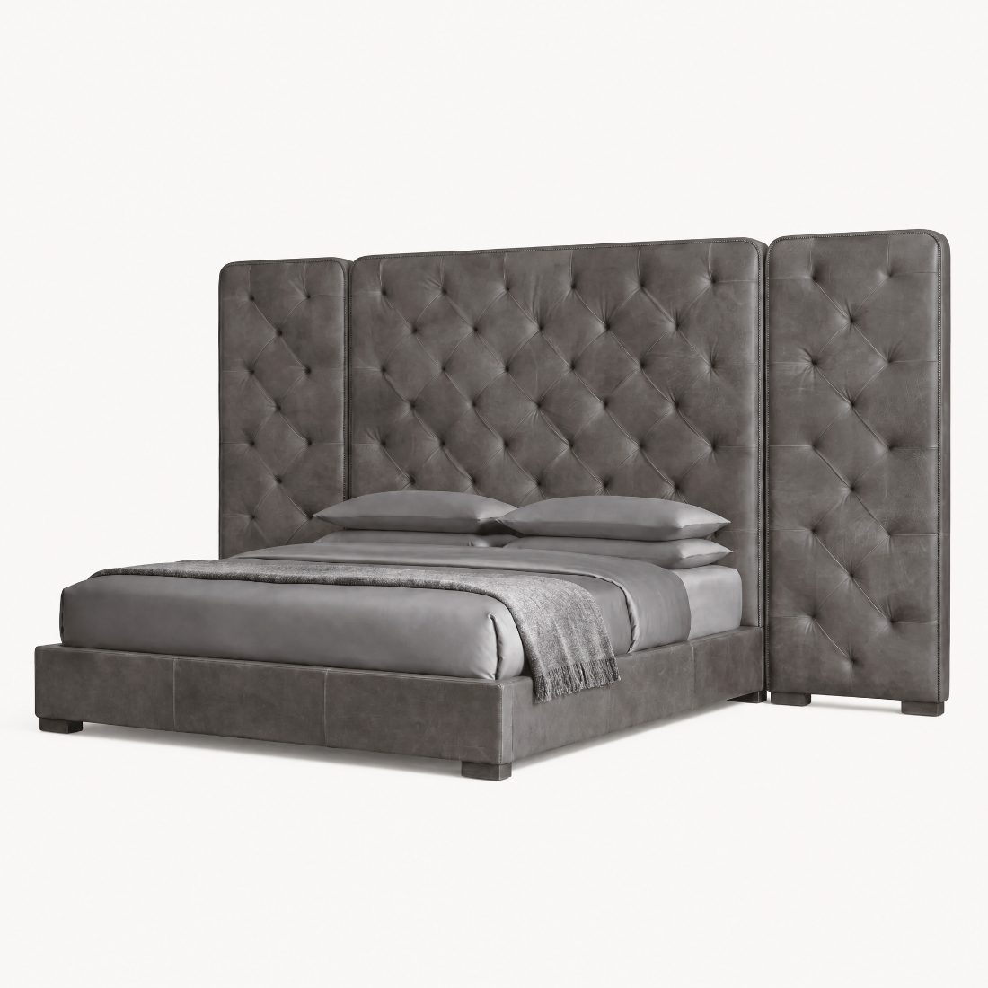 Tufted Wingback Leather Platform Bed