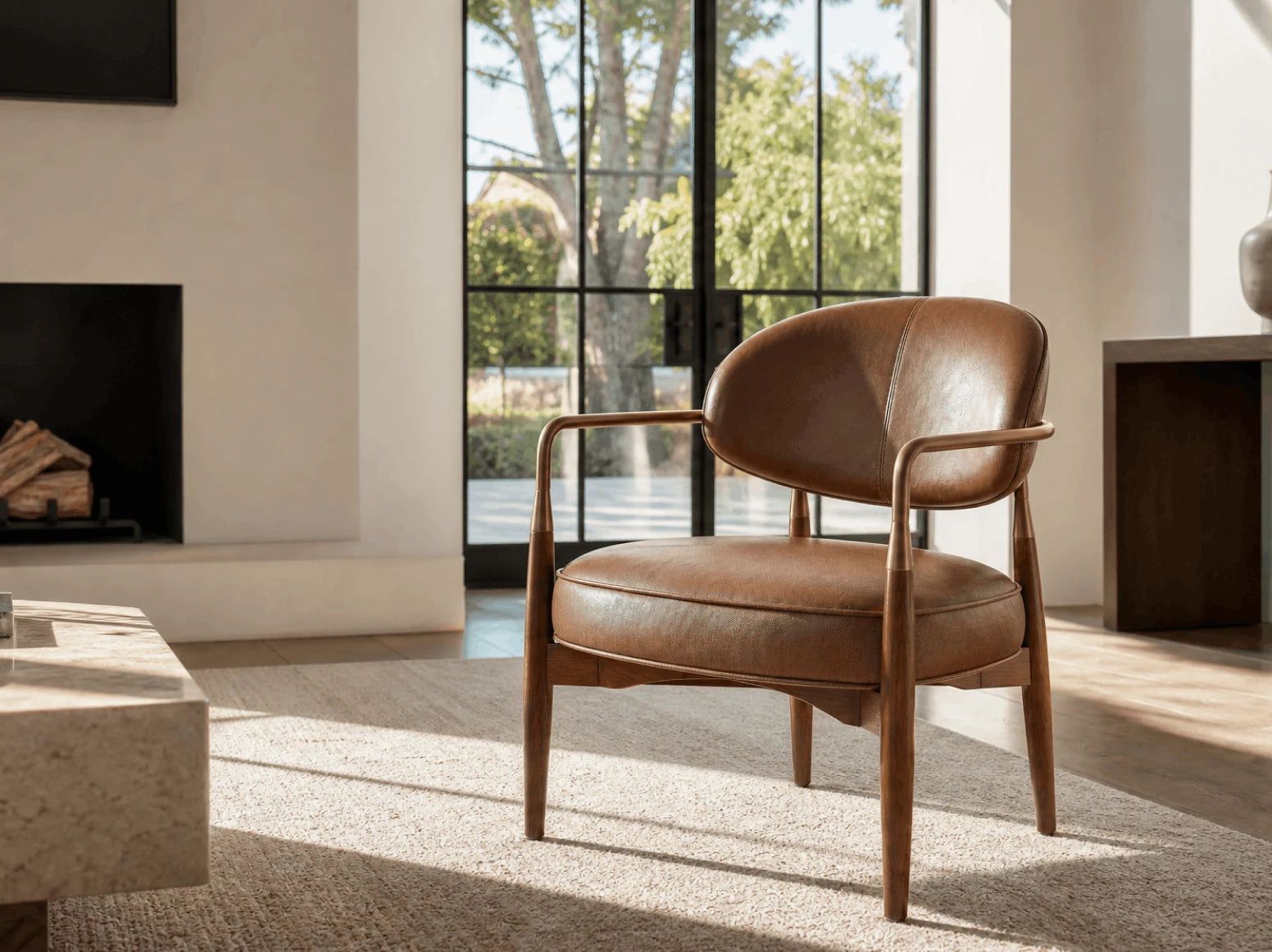 Boucle and leather lounge chairs in a contemporary interior
