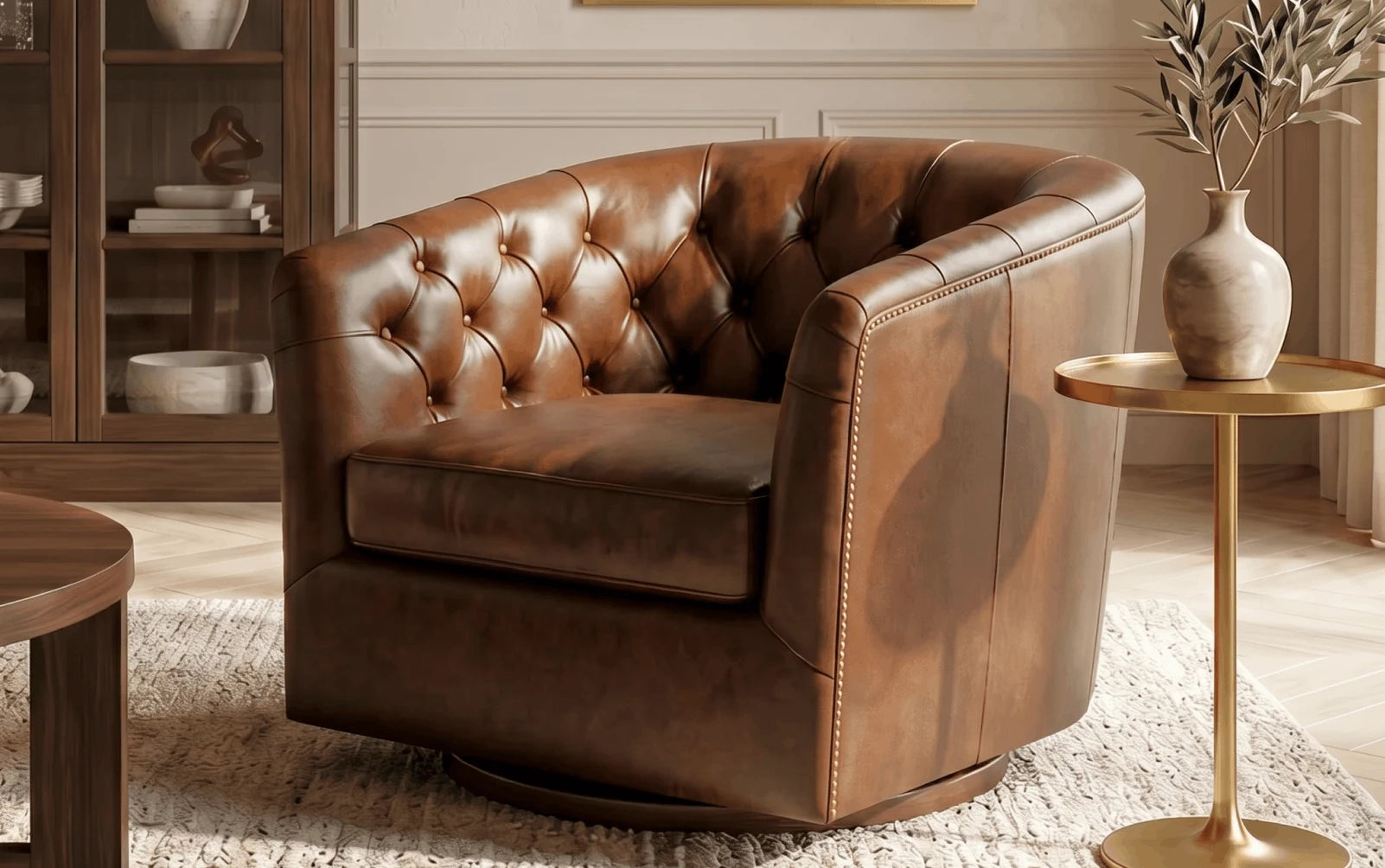Boucle and leather lounge chairs in a contemporary interior