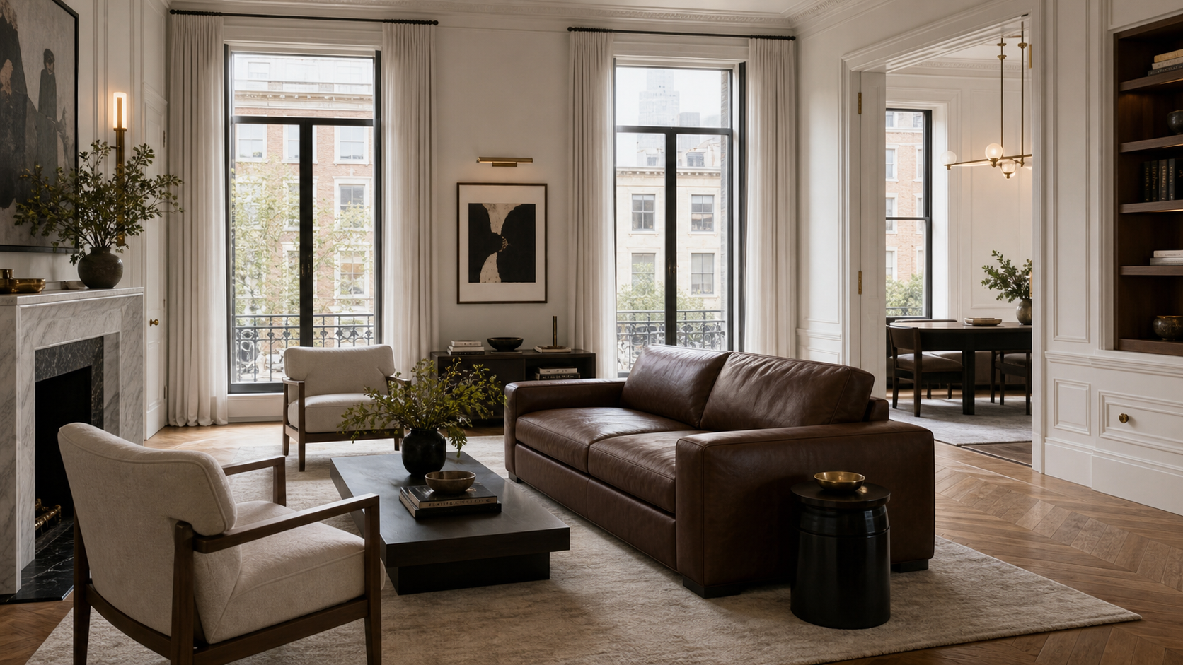 Leather sofa styled with natural materials