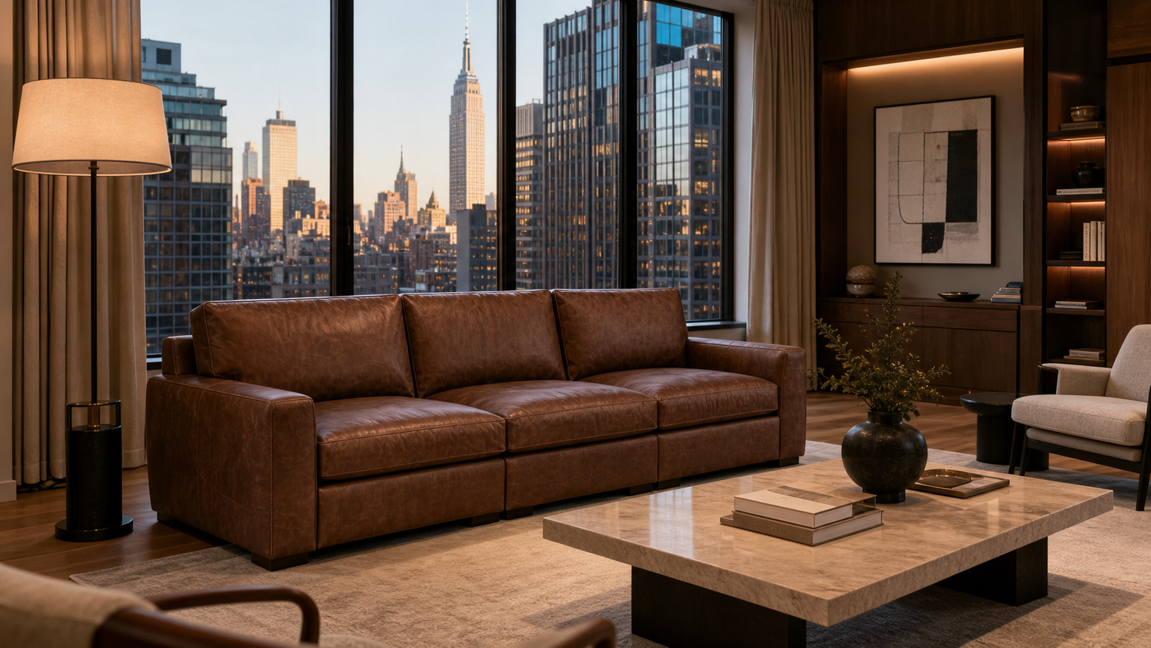 Leather sofa in an open-plan living space