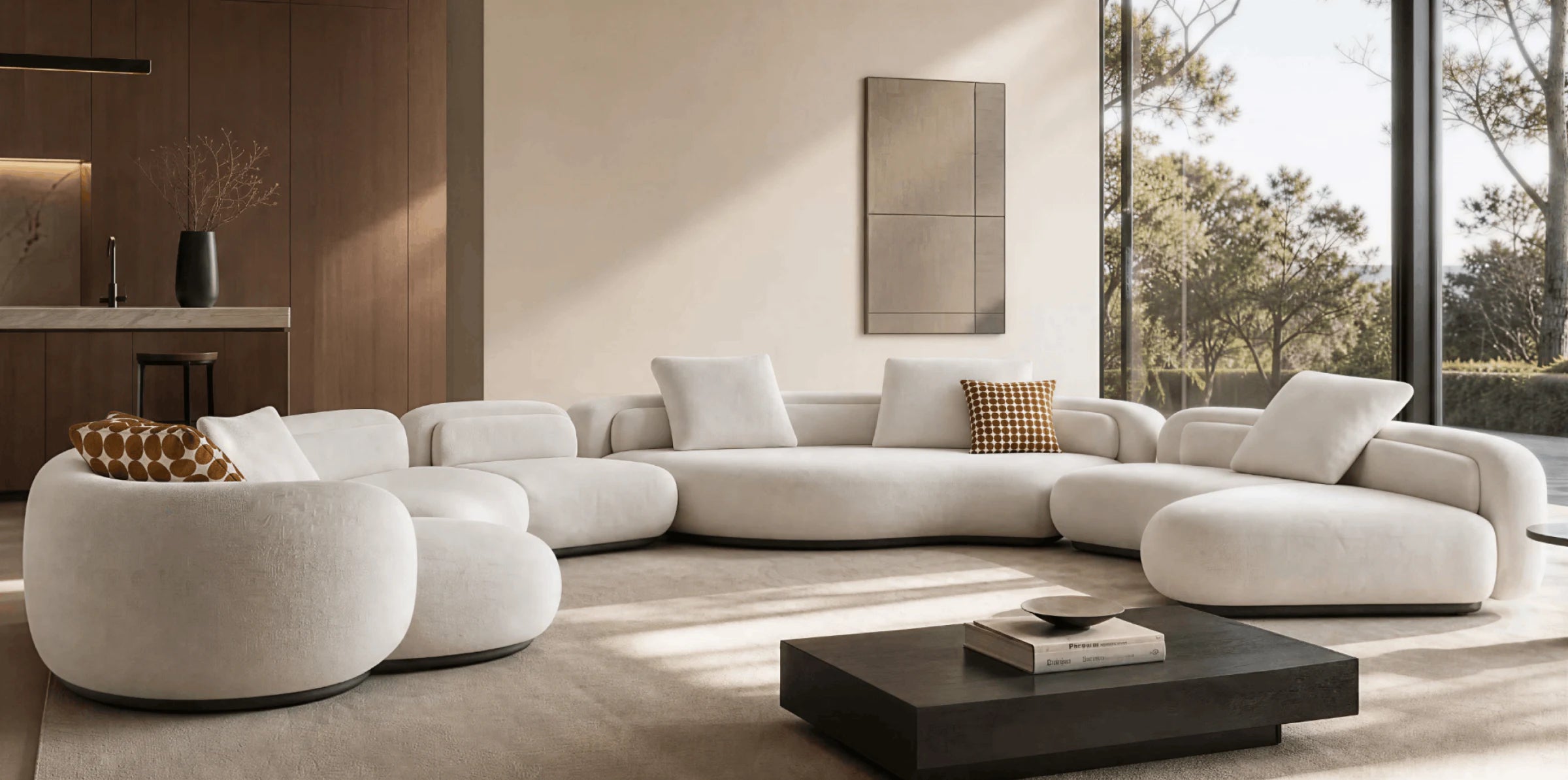 Low-profile modular sofas in an open living room