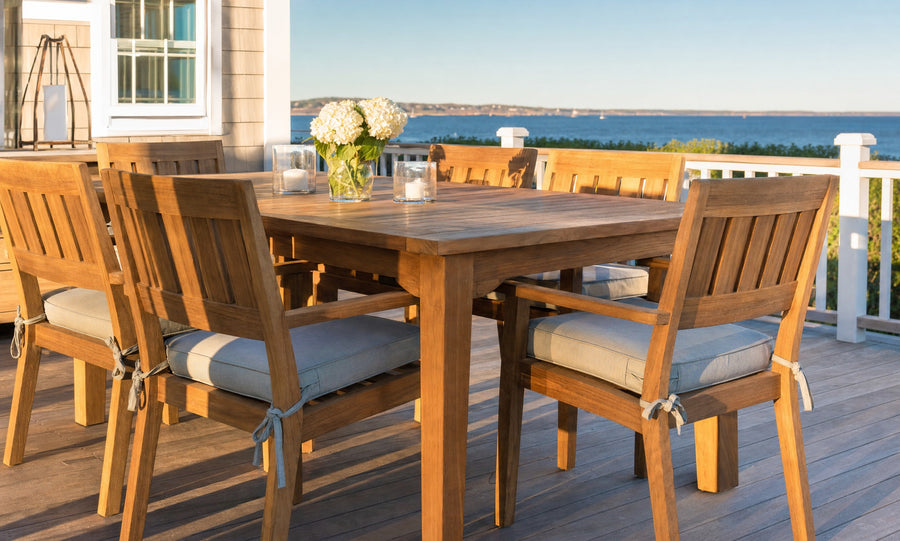 Teak furniture in sunlight