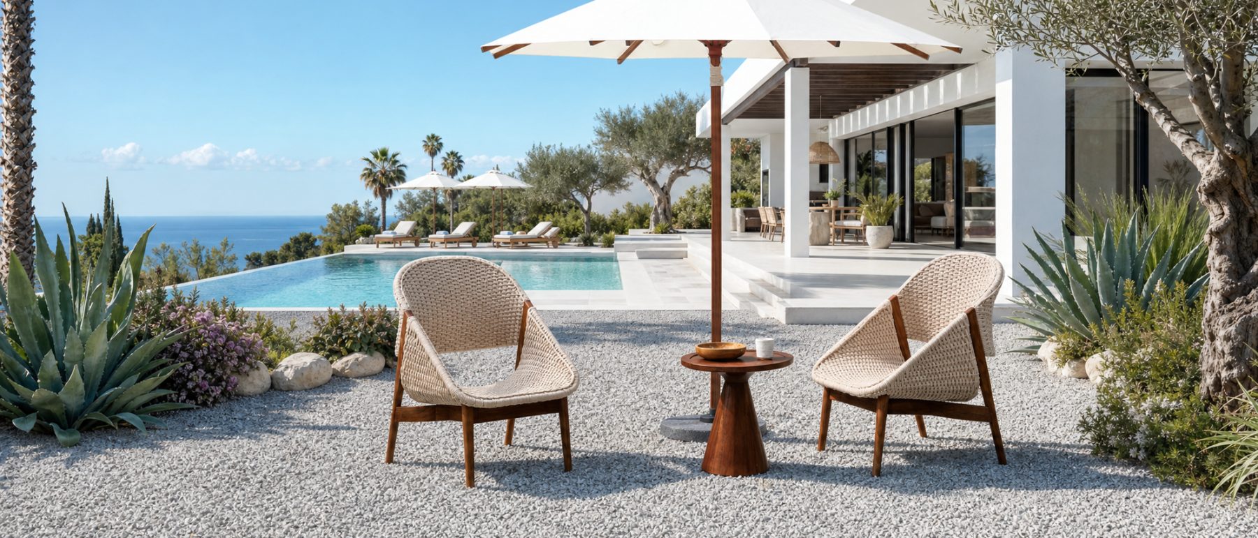 Pair of woven lounge chairs by a sea-view pool