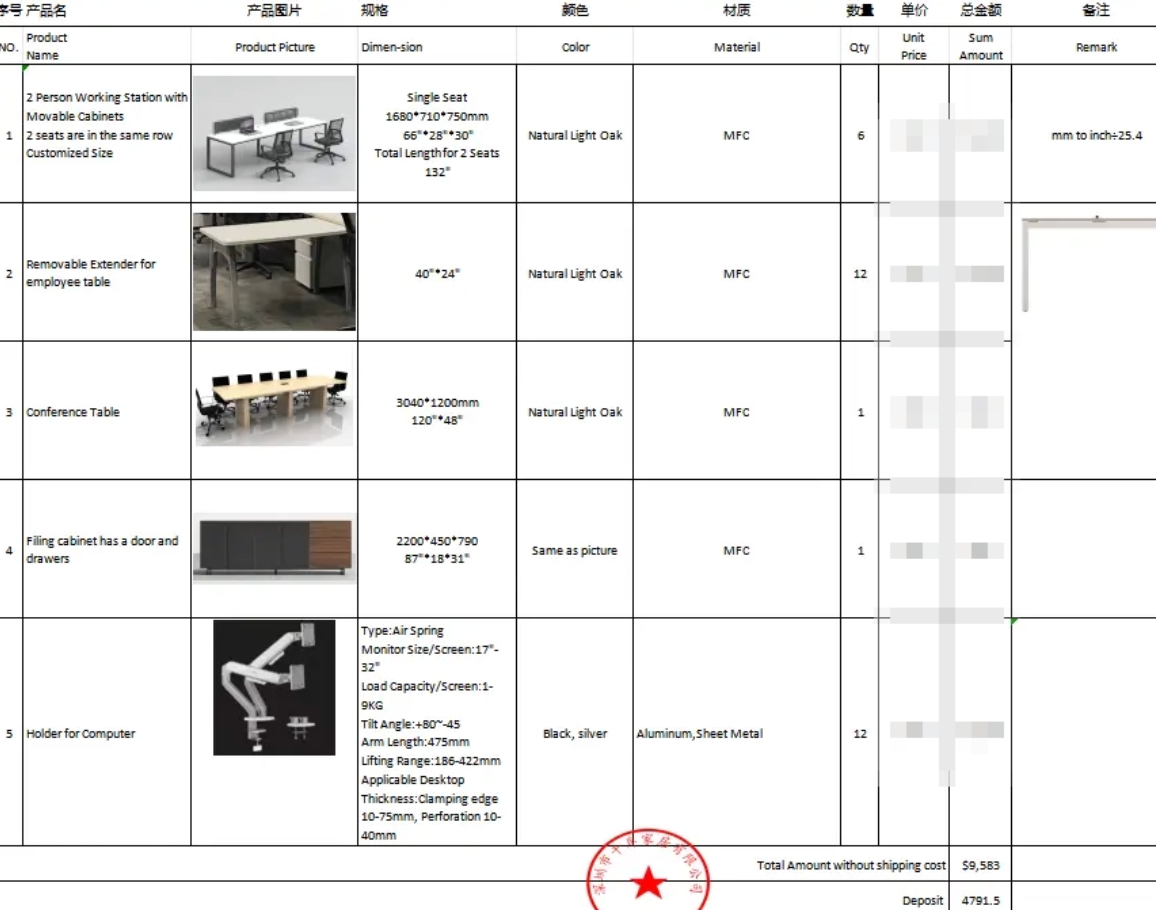 Specification sheet listing products, dimensions, colour, material and quantity