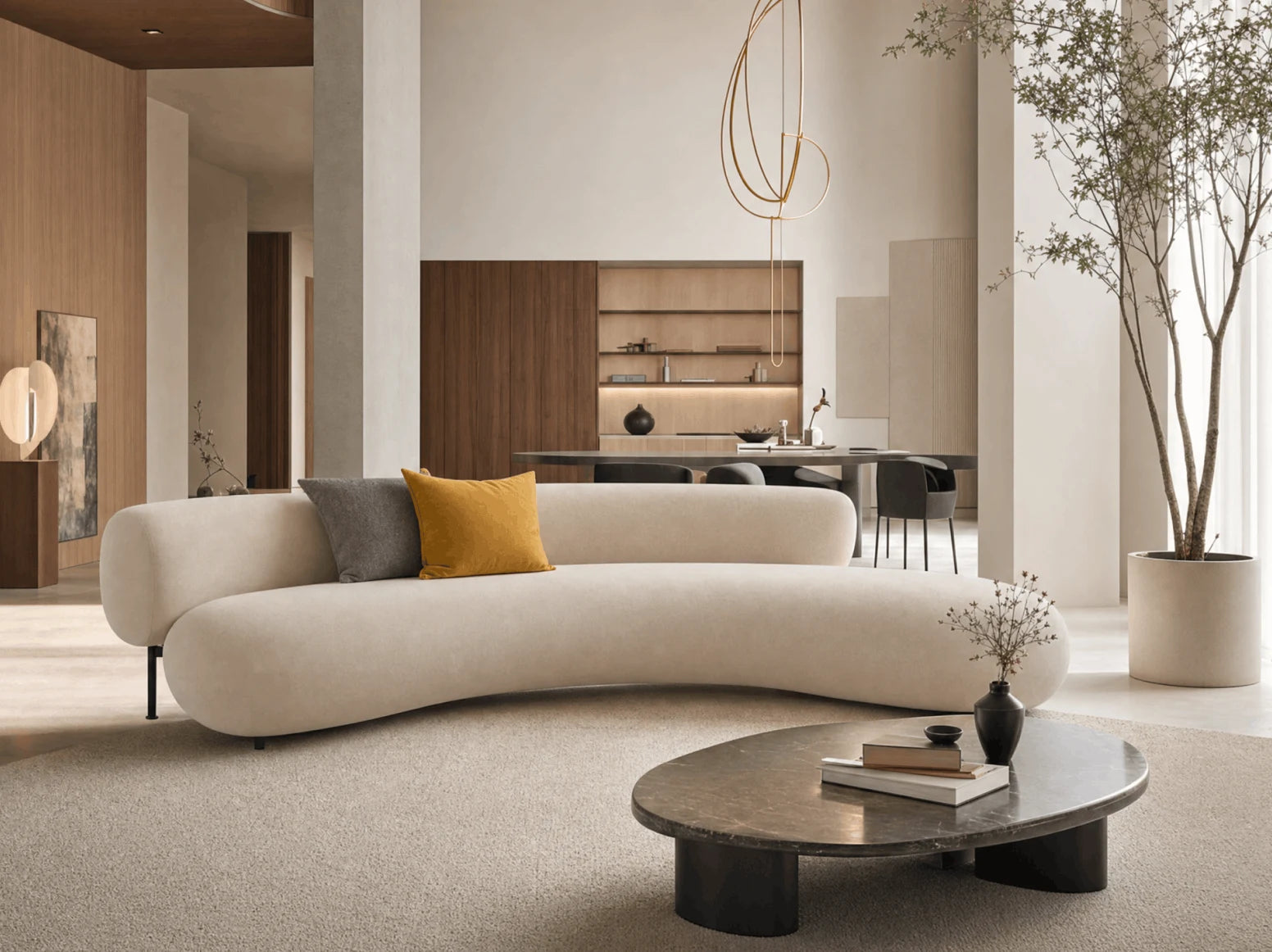 Curved modular seating in a styled space