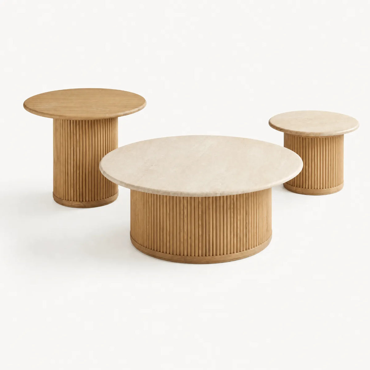 Fluted Wood Travertine Table Set